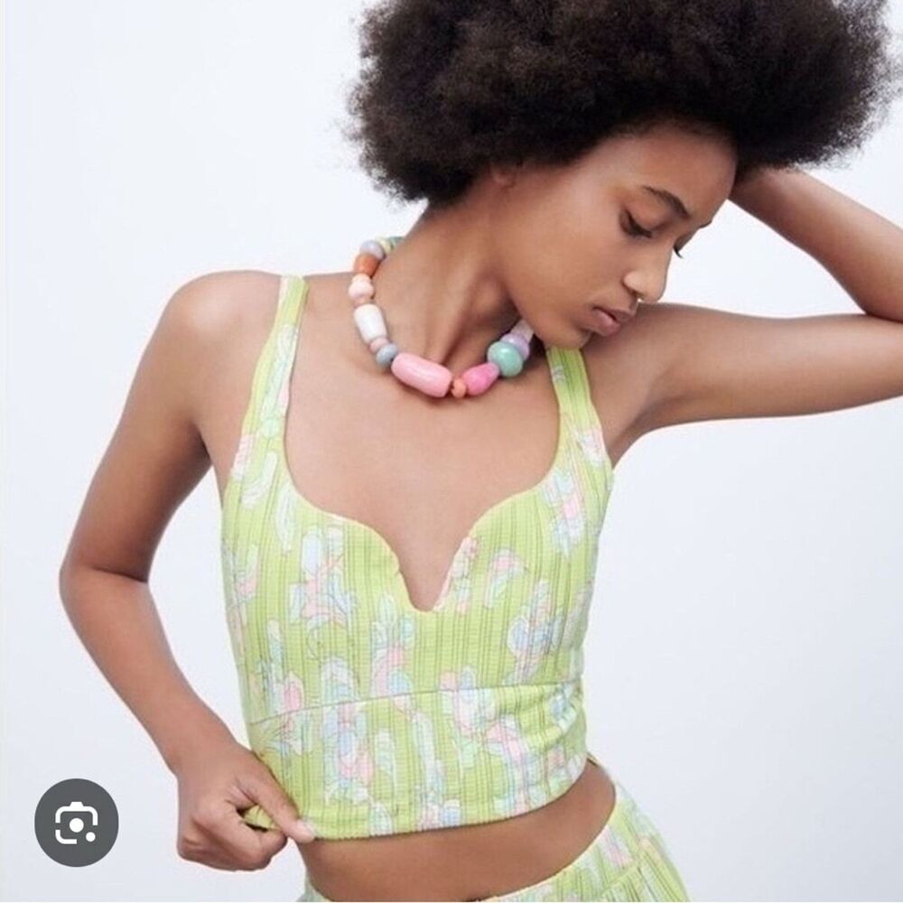 ZARA Green/Pink printed pleated top crop top NWOT  size Large